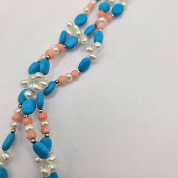 Vintage Turquoise Rice Beaded Necklace Coral Pearls Multi Strand 925 Sterling - Picture 3 of 4
